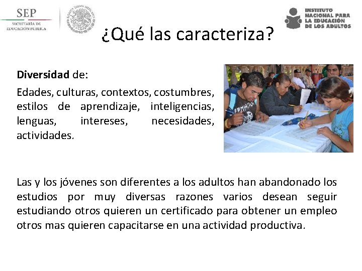 ¿Qué las caracteriza? Diversidad de: Edades, culturas, contextos, costumbres, estilos de aprendizaje, inteligencias, lenguas,