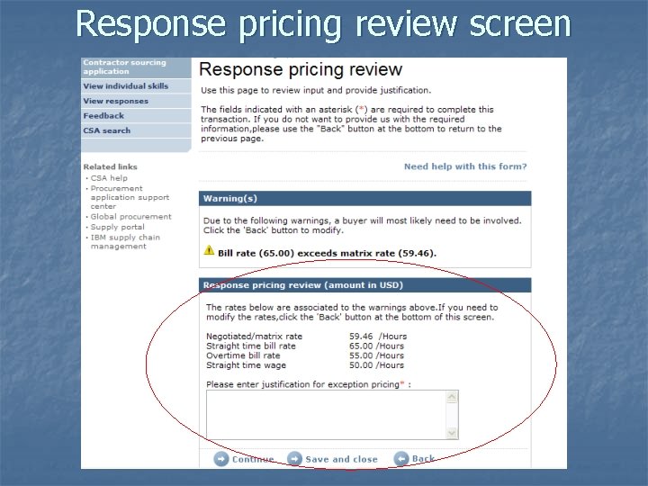 Response pricing review screen 
