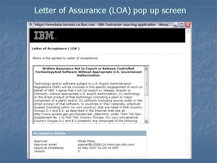 Letter of Assurance (LOA) pop up screen 