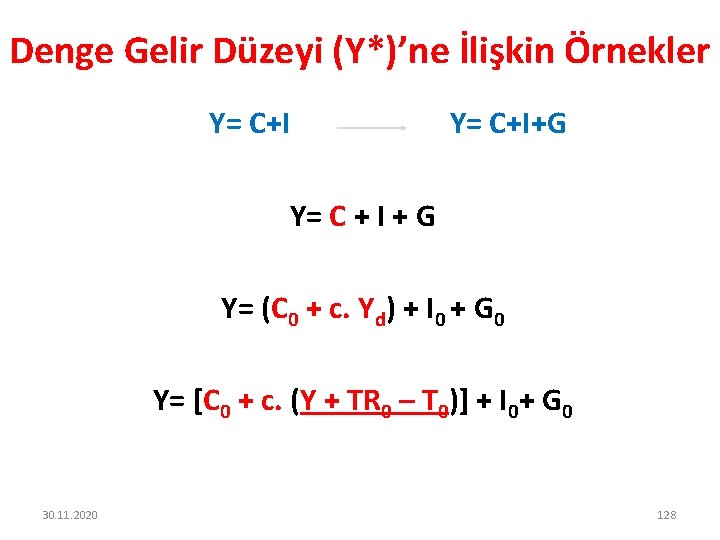 Denge Gelir Düzeyi (Y*)’ne İlişkin Örnekler Y= C+I+G Y= C + I + G
