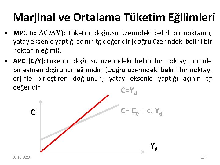 Marjinal ve Ortalama Tüketim Eğilimleri • MPC (c: ΔC/ΔY): Tüketim doğrusu üzerindeki belirli bir