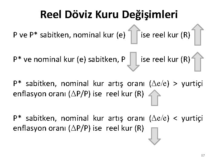 Reel Döviz Kuru Değişimleri P ve P* sabitken, nominal kur (e) ise reel kur