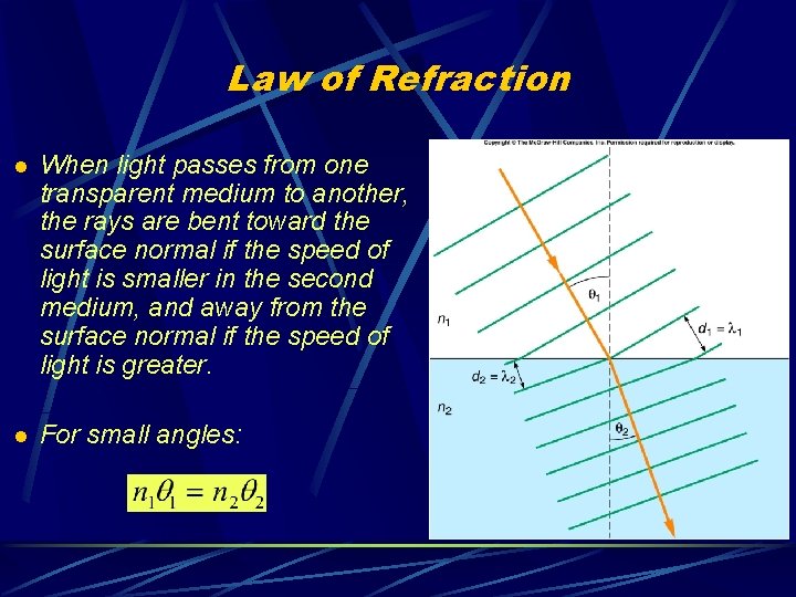 Law of Refraction l When light passes from one transparent medium to another, the Law of Refraction l When light passes from one transparent medium to another, the