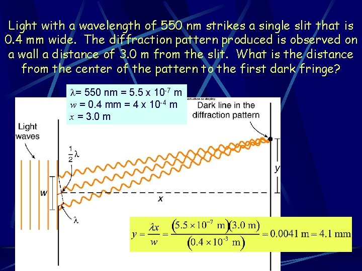 Light with a wavelength of 550 nm strikes a single slit that is 0. Light with a wavelength of 550 nm strikes a single slit that is 0.