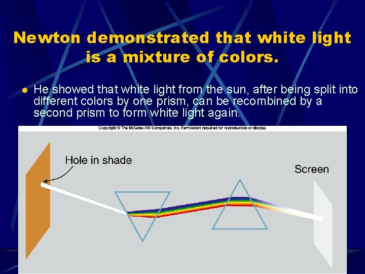 Newton demonstrated that white light is a mixture of colors. l He showed that Newton demonstrated that white light is a mixture of colors. l He showed that