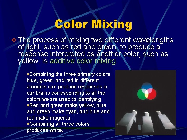Color Mixing v The process of mixing two different wavelengths of light, such as Color Mixing v The process of mixing two different wavelengths of light, such as