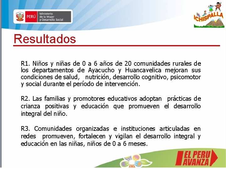 Resultados R 1. Niños y niñas de 0 a 6 años de 20 comunidades