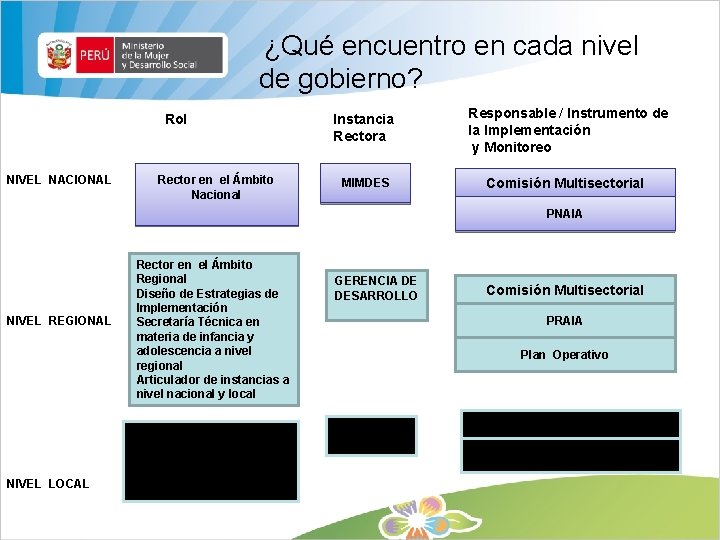 ¿Qué encuentro en cada nivel de gobierno? Rol NIVEL NACIONAL Rector en el Ámbito