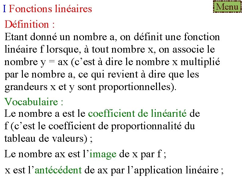  Menu I Fonctions linéaires Définition : Etant donné un nombre a, on définit