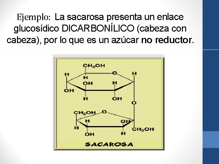 Ejemplo: La sacarosa presenta un enlace glucosídico DICARBONÍLICO (cabeza con cabeza), por lo que
