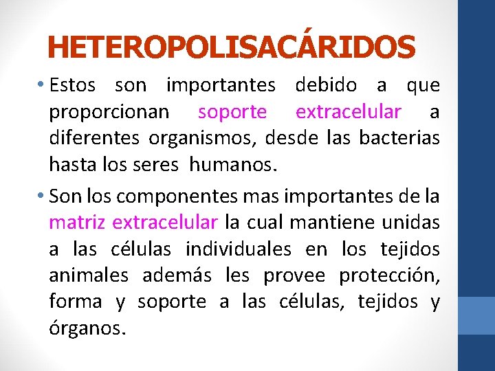 HETEROPOLISACÁRIDOS • Estos son importantes debido a que proporcionan soporte extracelular a diferentes organismos,