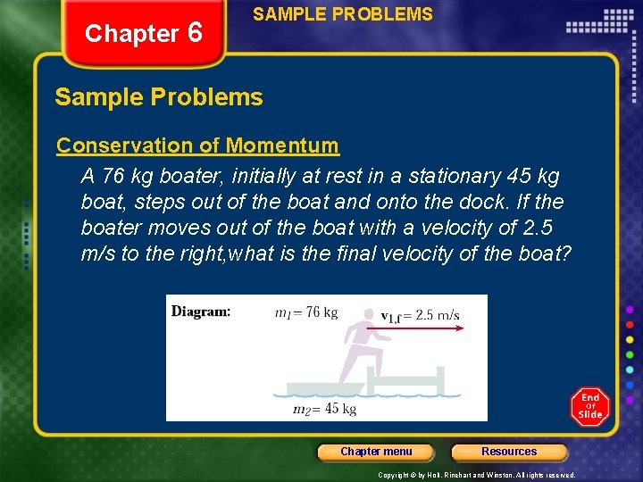Chapter 6 SAMPLE PROBLEMS Sample Problems Conservation of Momentum A 76 kg boater, initially Chapter 6 SAMPLE PROBLEMS Sample Problems Conservation of Momentum A 76 kg boater, initially