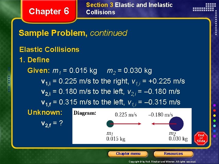 Chapter 6 Section 3 Elastic and Inelastic Collisions Sample Problem, continued Elastic Collisions 1.