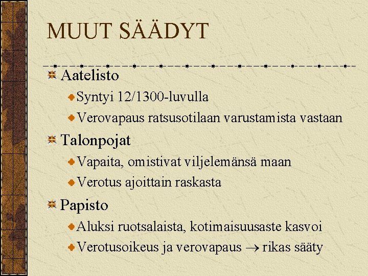 MUUT SÄÄDYT Aatelisto Syntyi 12/1300 -luvulla Verovapaus ratsusotilaan varustamista vastaan Talonpojat Vapaita, omistivat viljelemänsä