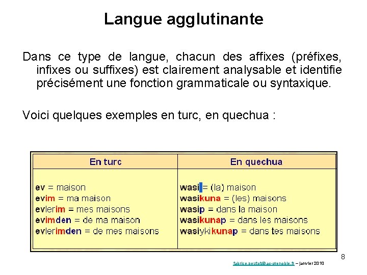 Langue agglutinante Dans ce type de langue, chacun des affixes (préfixes, infixes ou suffixes)