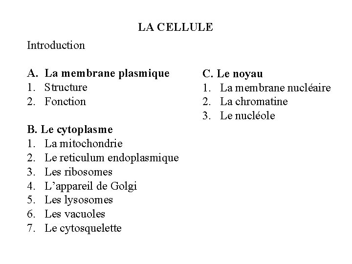 LA CELLULE Introduction A. La membrane plasmique 1. Structure 2. Fonction B. Le cytoplasme