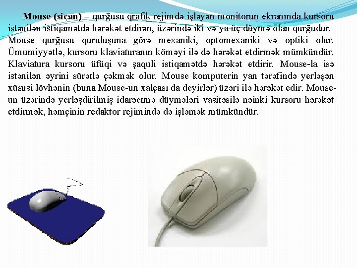 Mouse (siçan) – qurğusu qrafik rejimdə işləyən monitorun ekranında kursoru istənilən istiqamətdə hərəkət etdirən,