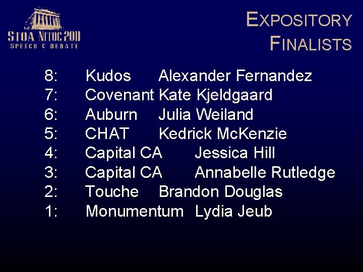 EXPOSITORY FINALISTS 8: 7: 6: 5: 4: 3: 2: 1: Kudos Alexander Fernandez Covenant