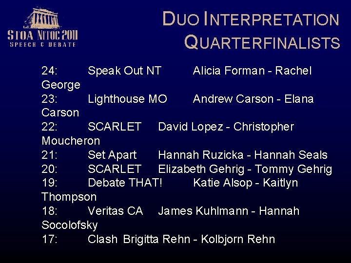 DUO INTERPRETATION QUARTERFINALISTS 24: Speak Out NT Alicia Forman - Rachel George 23: Lighthouse
