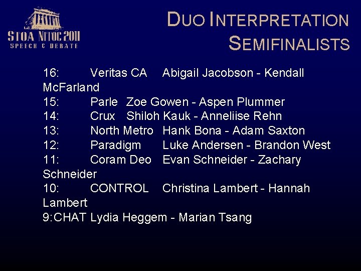DUO INTERPRETATION SEMIFINALISTS 16: Veritas CA Abigail Jacobson - Kendall Mc. Farland 15: Parle