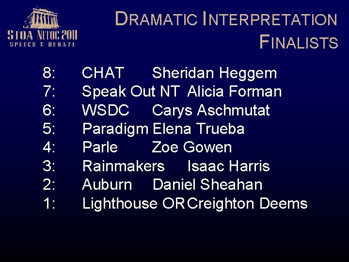 DRAMATIC INTERPRETATION FINALISTS 8: 7: 6: 5: 4: 3: 2: 1: CHAT Sheridan Heggem