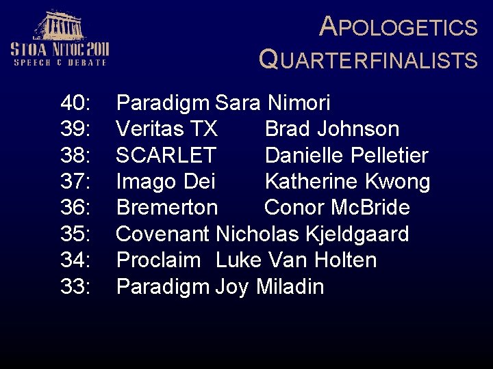 APOLOGETICS QUARTERFINALISTS 40: 39: 38: 37: 36: 35: 34: 33: Paradigm Sara Nimori Veritas