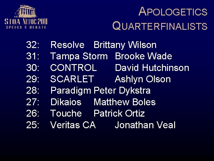 APOLOGETICS QUARTERFINALISTS 32: 31: 30: 29: 28: 27: 26: 25: Resolve Brittany Wilson Tampa