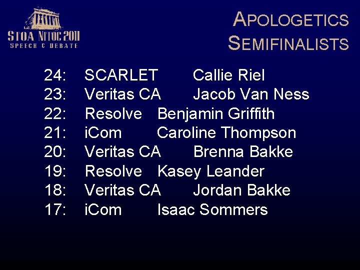 APOLOGETICS SEMIFINALISTS 24: 23: 22: 21: 20: 19: 18: 17: SCARLET Callie Riel Veritas
