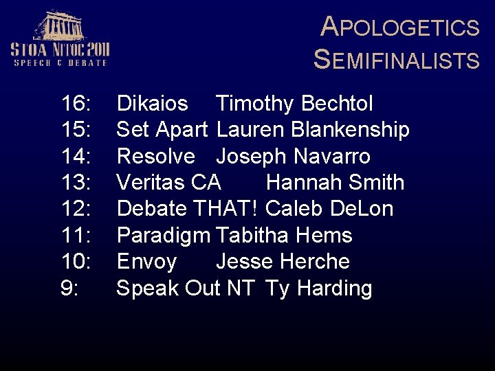 APOLOGETICS SEMIFINALISTS 16: 15: 14: 13: 12: 11: 10: 9: Dikaios Timothy Bechtol Set