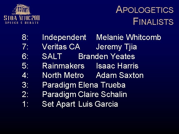 APOLOGETICS FINALISTS 8: 7: 6: 5: 4: 3: 2: 1: Independent Melanie Whitcomb Veritas