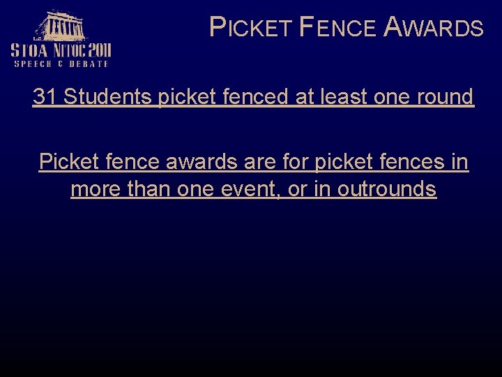 PICKET FENCE AWARDS 31 Students picket fenced at least one round Picket fence awards