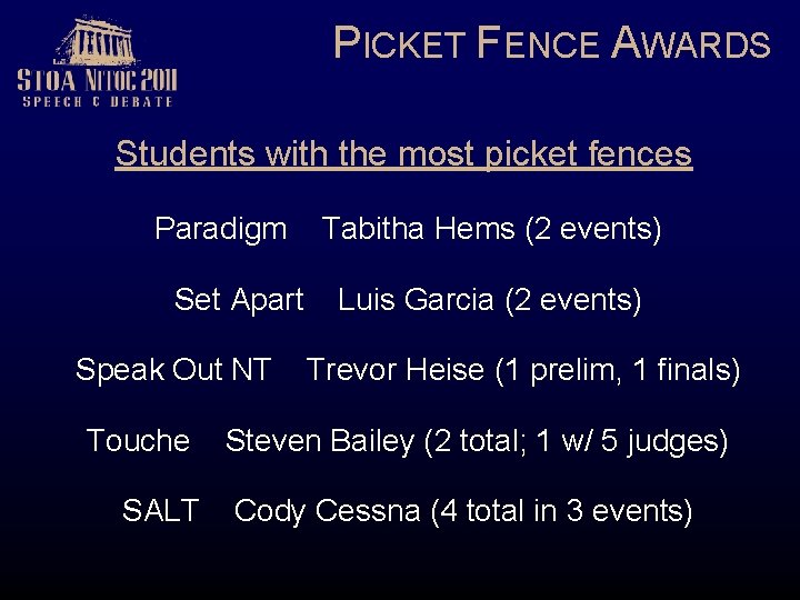 PICKET FENCE AWARDS Students with the most picket fences Paradigm Set Apart Speak Out