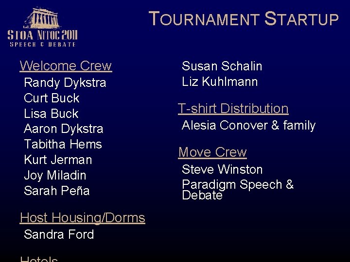 TOURNAMENT STARTUP Welcome Crew Randy Dykstra Curt Buck Lisa Buck Aaron Dykstra Tabitha Hems