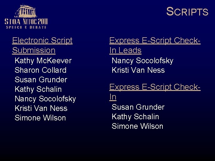 SCRIPTS Electronic Script Submission Kathy Mc. Keever Sharon Collard Susan Grunder Kathy Schalin Nancy