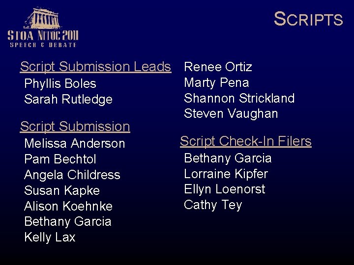 SCRIPTS Script Submission Leads Renee Ortiz Phyllis Boles Sarah Rutledge Script Submission Melissa Anderson