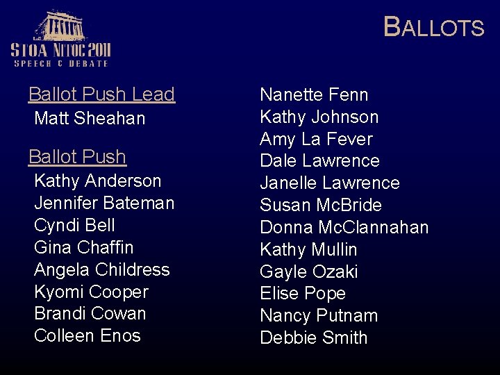 BALLOTS Ballot Push Lead Matt Sheahan Ballot Push Kathy Anderson Jennifer Bateman Cyndi Bell