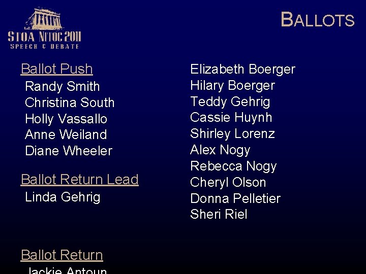 BALLOTS Ballot Push Randy Smith Christina South Holly Vassallo Anne Weiland Diane Wheeler Ballot