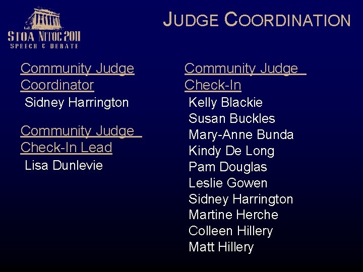 JUDGE COORDINATION Community Judge Coordinator Community Judge Check-In Sidney Harrington Kelly Blackie Susan Buckles