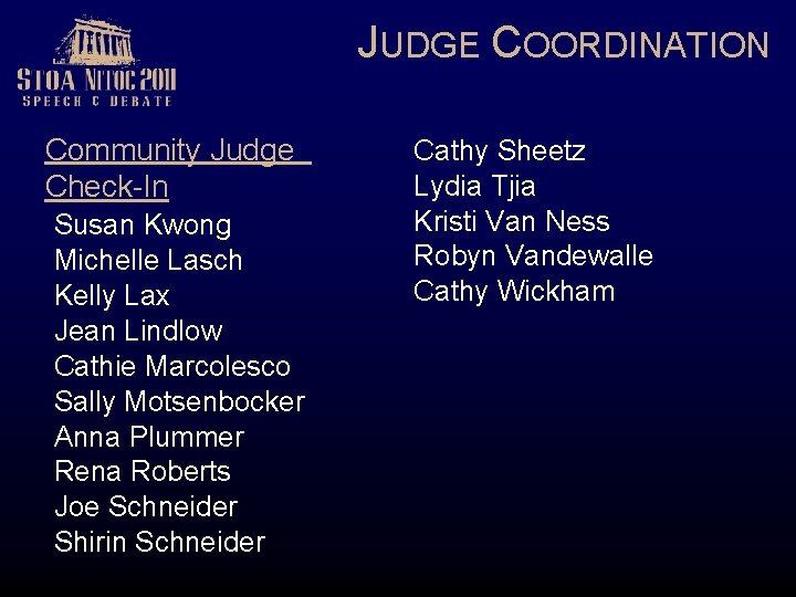 JUDGE COORDINATION Community Judge Check-In Susan Kwong Michelle Lasch Kelly Lax Jean Lindlow Cathie