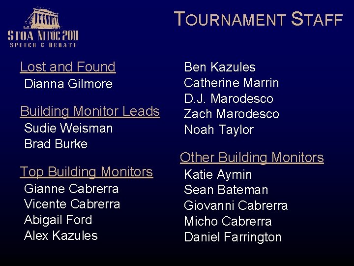 TOURNAMENT STAFF Lost and Found Dianna Gilmore Building Monitor Leads Sudie Weisman Brad Burke