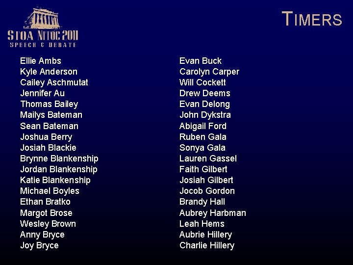 TIMERS Ellie Ambs Kyle Anderson Cailey Aschmutat Jennifer Au Thomas Bailey Mailys Bateman Sean