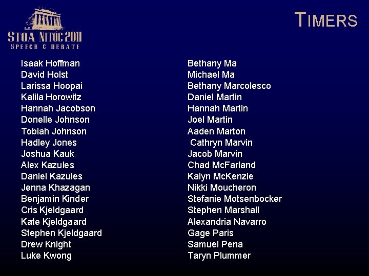 TIMERS Isaak Hoffman David Holst Larissa Hoopai Kalila Horowitz Hannah Jacobson Donelle Johnson Tobiah