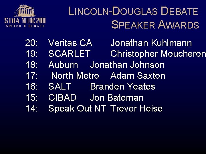 LINCOLN-DOUGLAS DEBATE SPEAKER AWARDS 20: 19: 18: 17: 16: 15: 14: Veritas CA Jonathan