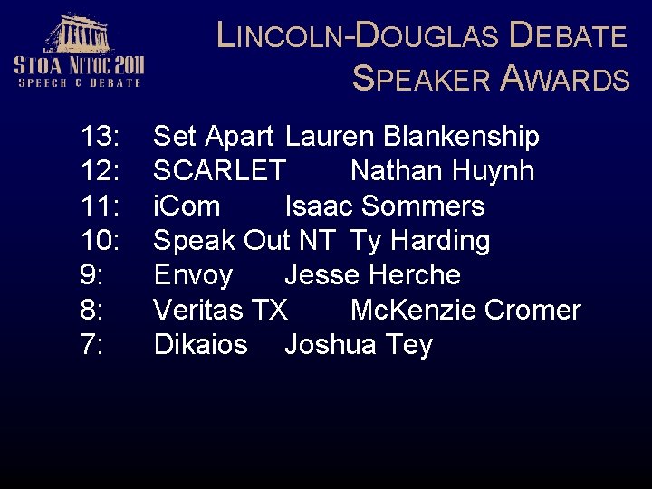 LINCOLN-DOUGLAS DEBATE SPEAKER AWARDS 13: 12: 11: 10: 9: 8: 7: Set Apart Lauren
