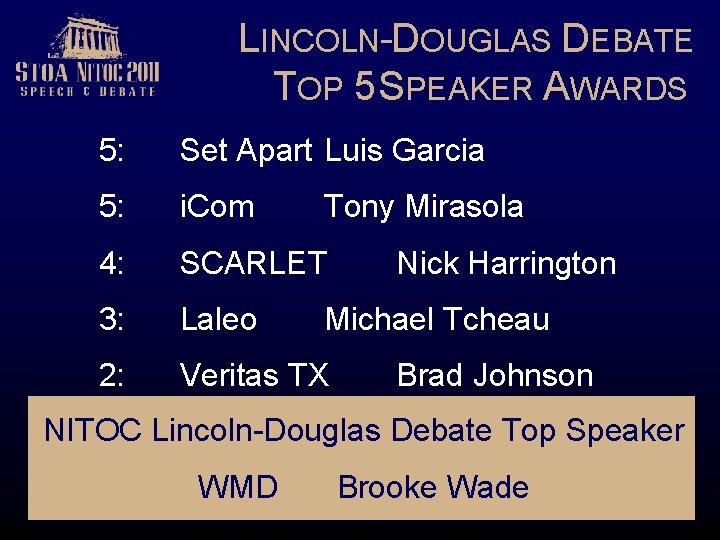 LINCOLN-DOUGLAS DEBATE TOP 5 SPEAKER AWARDS 5: Set Apart Luis Garcia 5: i. Com
