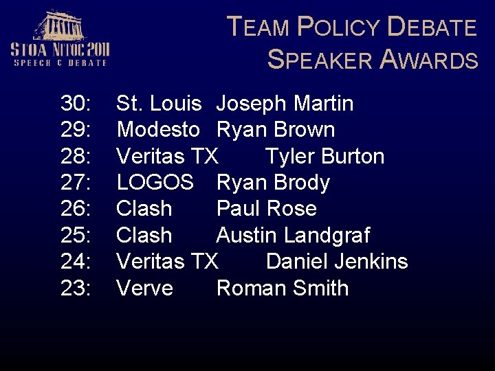 TEAM POLICY DEBATE SPEAKER AWARDS 30: 29: 28: 27: 26: 25: 24: 23: St.