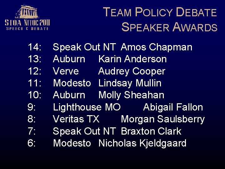 TEAM POLICY DEBATE SPEAKER AWARDS 14: 13: 12: 11: 10: 9: 8: 7: 6: