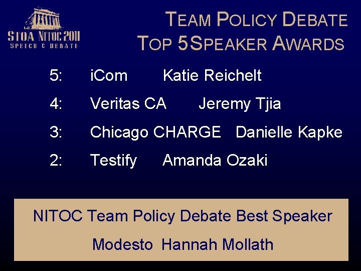 TEAM POLICY DEBATE TOP 5 SPEAKER AWARDS 5: i. Com Katie Reichelt 4: Veritas