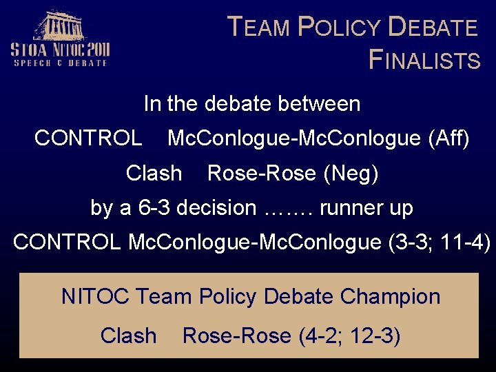 TEAM POLICY DEBATE FINALISTS In the debate between CONTROL Mc. Conlogue-Mc. Conlogue (Aff) Clash