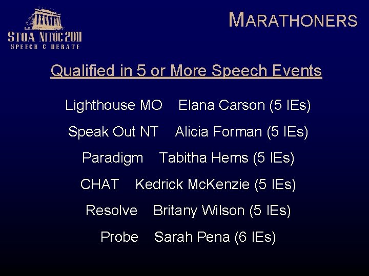 MARATHONERS Qualified in 5 or More Speech Events Lighthouse MO Elana Carson (5 IEs)